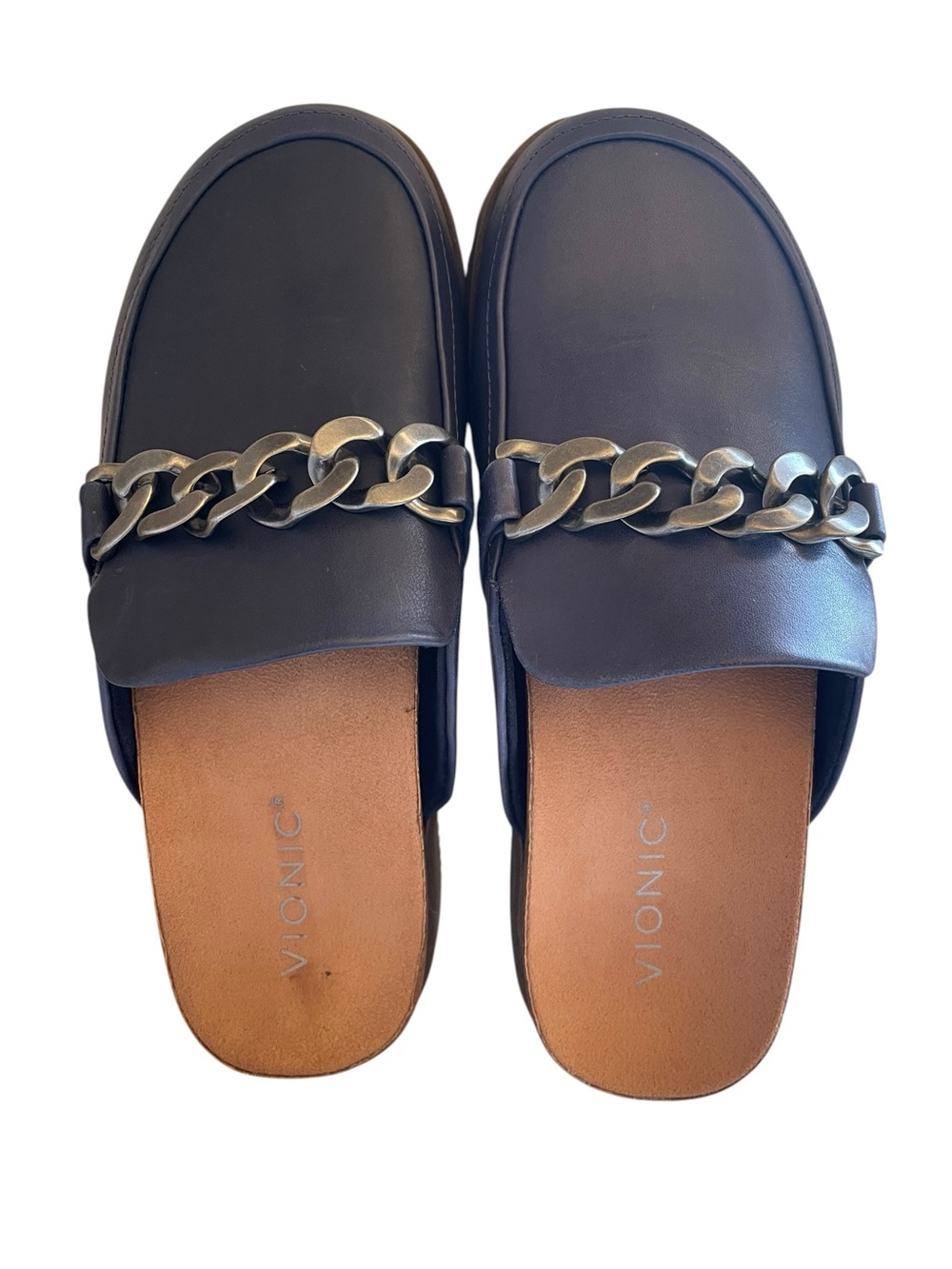 Vionic Georgie Leather Slide Mules Gold Chain Navy New